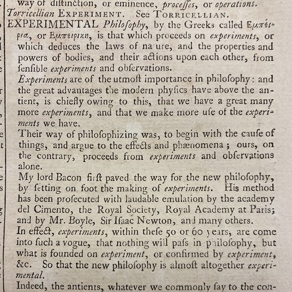 Beginning of entry on “Experimental Philosophy,” Cyclopædia, or, an Universal Dictionary of Arts and Sciences, by Ephraim Chambers, 7th ed., vol. 1, 1751-52 (Linda Hall Library)