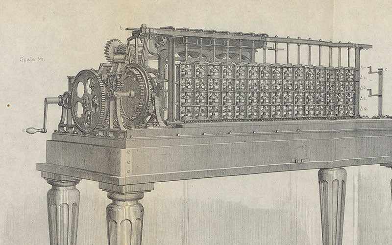 Scheutz difference engine no. 2 at the Dudley Observatory, detail of engraving, Annals of the Dudley Observatory, vol. 1, p. 118, 1866 (Linda Hall Library)