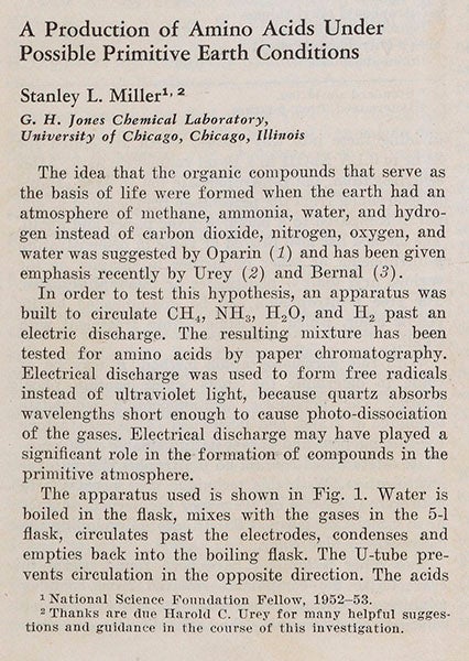 Detail of fourth image, opening of Miller’s paper, Science, 1953 (Linda Hall Library)