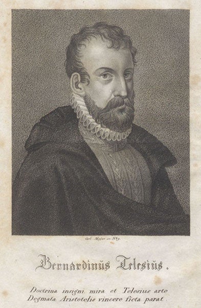 Portrait of Bernardino Telesio, aquatint frontispiece, Leben und Lehrmeinungen berühmter Physiker am Ende des XVI. und am Anfange des XVII. Jahrhunderts, by Thaddä Rixner and Thaddäus Siber, vol. 2, 1820 (Linda Hall Library)