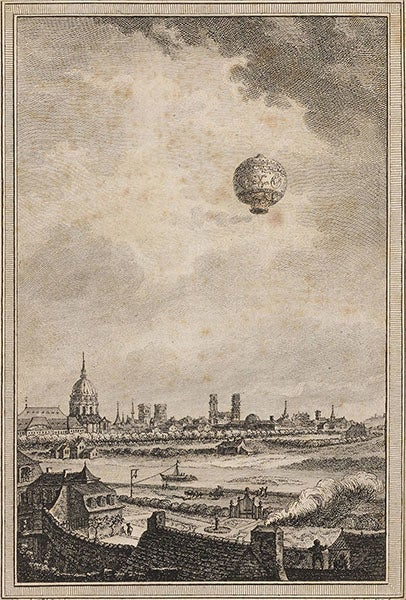 The launch of a Montgolfier balloon, Nov. 21, 1783, with Marquis d’Arlandes and Pilâtre de Rozier onboard, but not visible, engraved frontispiece, from Barthélemy Faujas-de-St.-Fond, <i>Description des expériences de la machine aérostatique</i>, 1784 (Linda Hall Library)