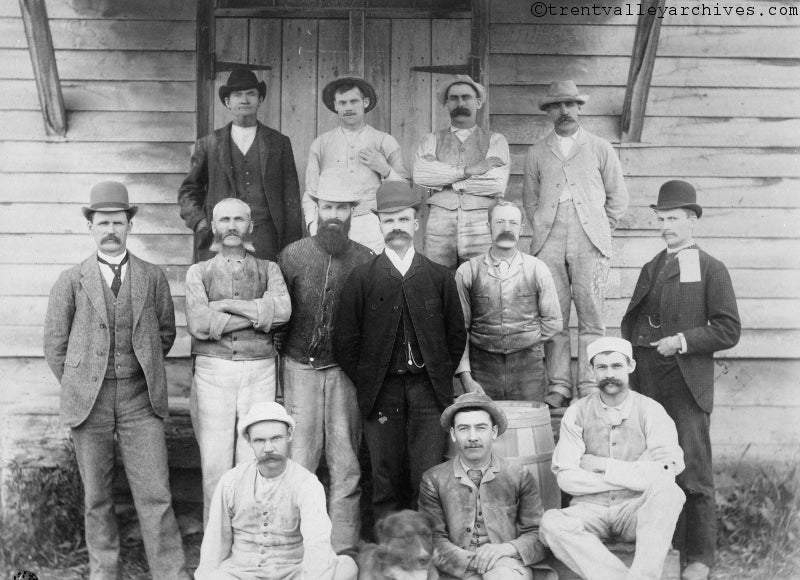 Richard Birdsall Rogers, center, in the dark jacket, with engineers and construction crew of the Peterborough Lift Lock, photograph, no date (Trent Valley Archives via ptbocanada.com)