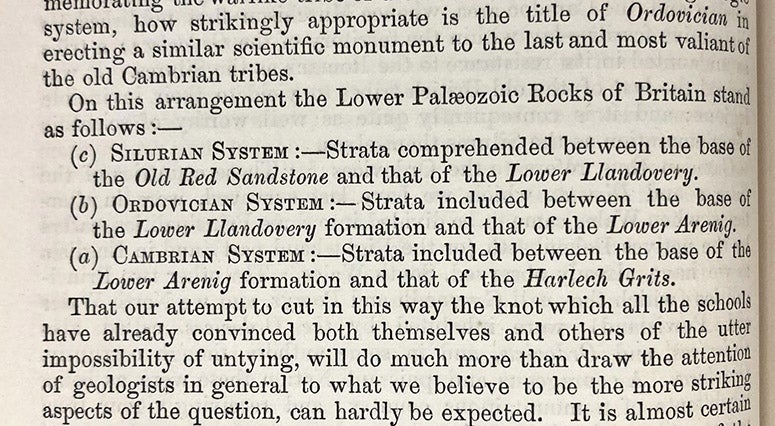 Proposal for an Ordovician system to lie between the Cambrian and Silurian systems, in Chales Lapworth, “On the tripartite classification of the Lower Paleozoic rocks,” Geological Magazine, vol. 26, p. 14, 1879 (Linda Hall Library)