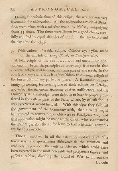 First page of article on the solar eclipse of Oct. 27, 1780, as viewed in Penobscot Bay, Maine, by Samuel Williams, <i>Memoirs of the American Academy of Arts and Sciences</i>, 1780-83 (Linda Hall Library)