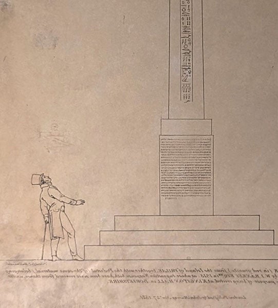 Detail of the lithographic stone in the fourth image, showing what is presumably William Bankes admiring his obelisk (Wikimedia commons)