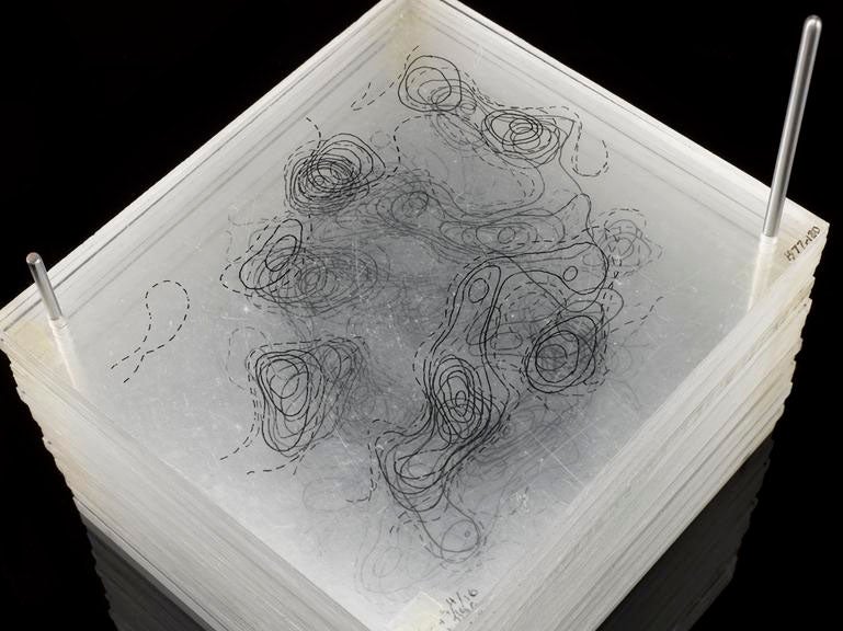 Electron-density maps of myoglobin, drawn on sheets of acrylic plastic and stacked, used to construct the sausage model, 1957, Science Museum, London (collection.sciencemuseumgroup.org.uk)