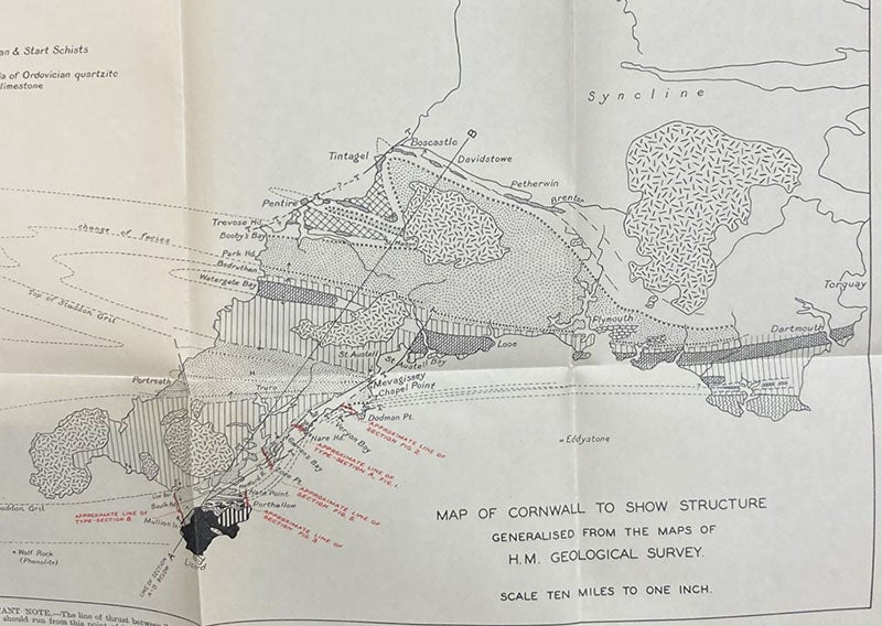 Detail of geological map of Cornwall, with the Lizard Peninsula at far left in black, accompanying paper by Eileen M. Lind Hendriks, in Quarterly Journal of the Geological Society of London, vol. 93, plate 22 (Linda Hall Library)