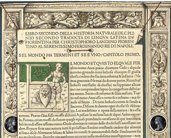 Detail of first page of book 2, Pliny the Elder, <i>Historia naturale</i>, translated by Cristoforo Landino, 1476, auctioned at Christie’s in 2010 (christies.com)