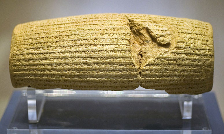 One side of the Cyrus Cylinder, dating to 539 BCE, found by Hormuzd Rassam in Babylon, 1879, now on display in the British Museum (Wikimedia commons)