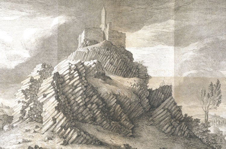 Castle on a basalt hill. Image source: Raspe, Rudolf Erich. "A Letter from Mr. R.E. Raspe, F.R.S. To M. Maty, M.D. Sec. R.S. Containing a Short Account of Some Basalt Hills in Hassia." Philosophical Transactions of the Royal Society of London, vol. 61, 1771, pl. 19.