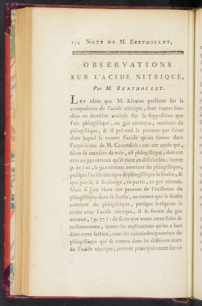 Claude-Louis Berthollet’s comments on Kirwan’s chapter on nitric acid, Essai sur le phlogistique, et sur la constitution des acides, by Richard Kirwan, [trans. by Madame Lavoisier], 1788 (Linda Hall Library)