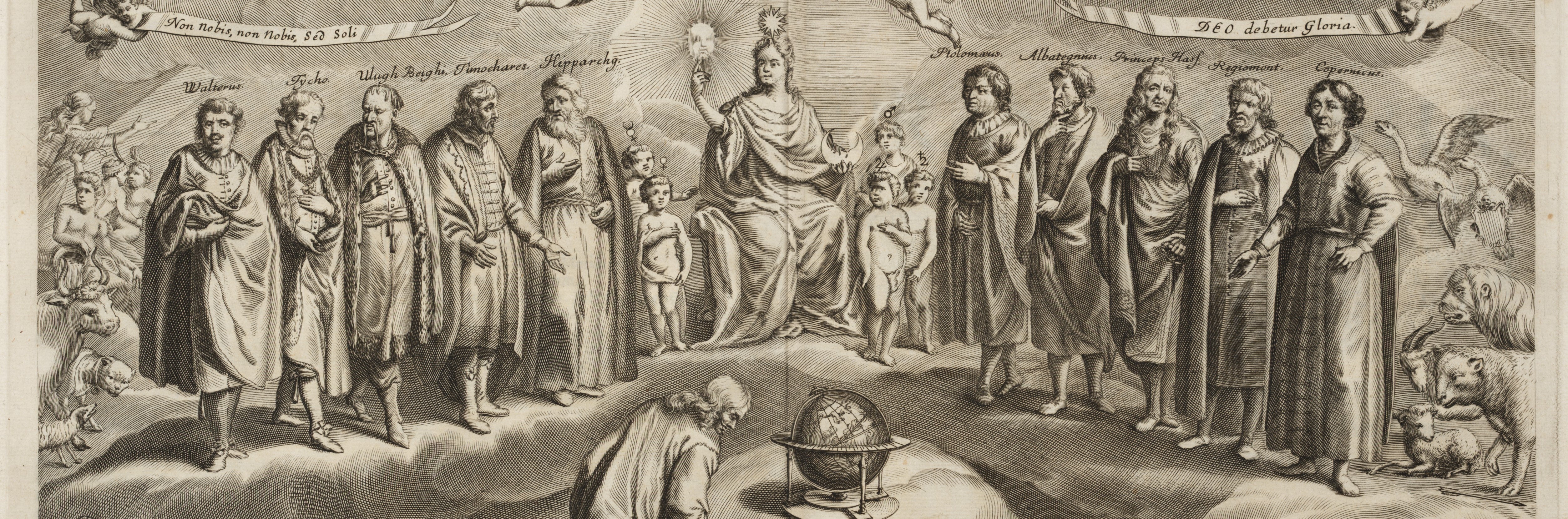 Pictured, from left to right, Bernhard Walther, Tycho Brahe, Ulugh Beg, Timocharis, Hipparchus, Urania (surrounded by small children, representing the planets), Ptolemy, Albategnius, Wilhelm IV, Johannes Regiomontanus, and Nicolaus Copernicus. 