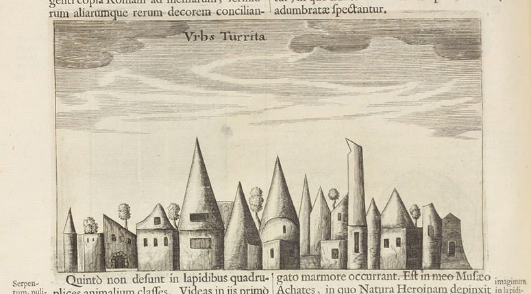 Picture jasper, with an image of a city, text engraving, Athanasius Kircher, Mundus subterraneus, vol. 2, 1665 (Linda Hall Library)