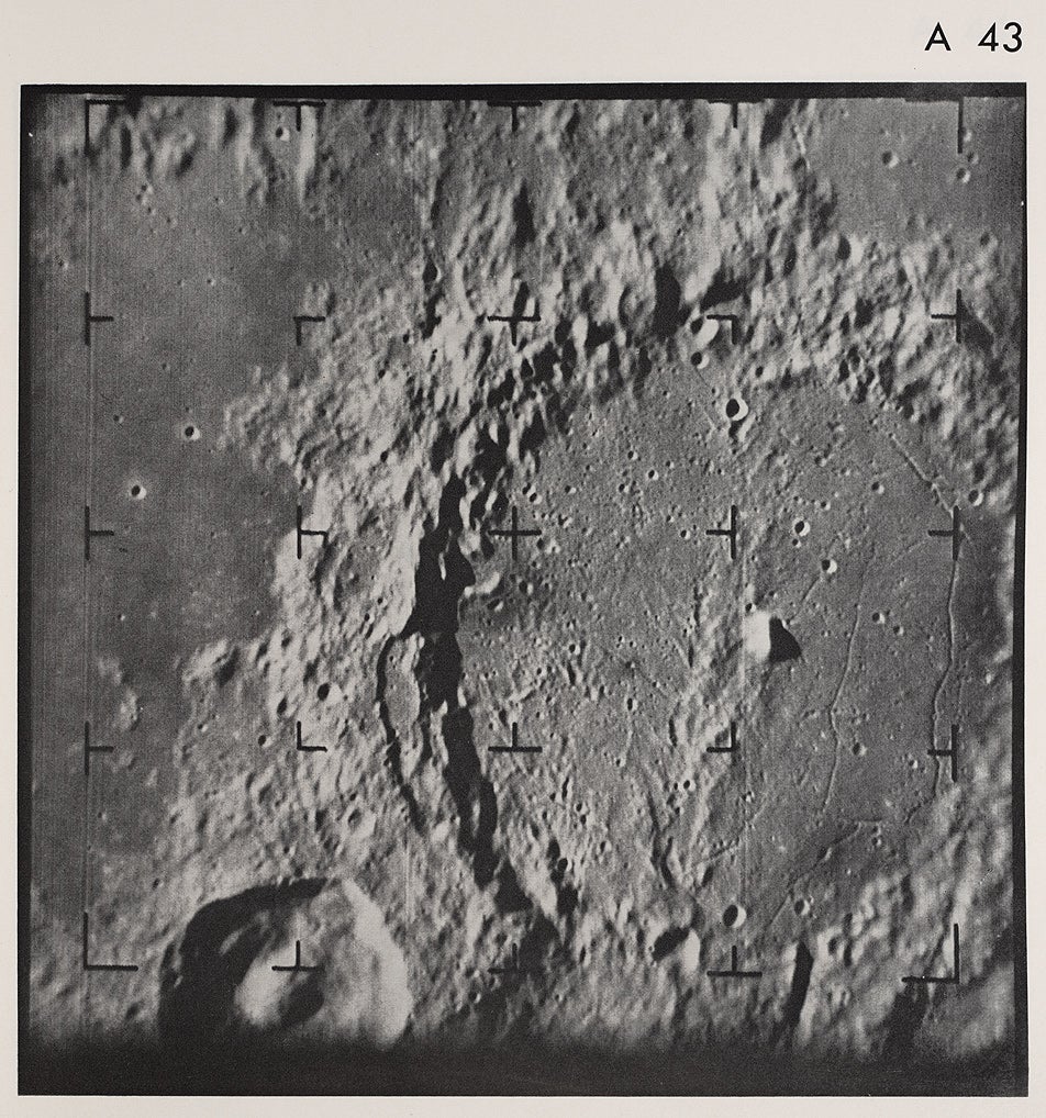 Selected Ranger photographs from the three successful missions were subsequently published by NASA. Exhibited is one that shows most of the crater floor of Alphonsus. These photographs subsequently formed the basis for the most detailed maps of a region of the moon yet attempted, by both the U.S. Air Force (see item 41) and the U.S. Geological Survey.