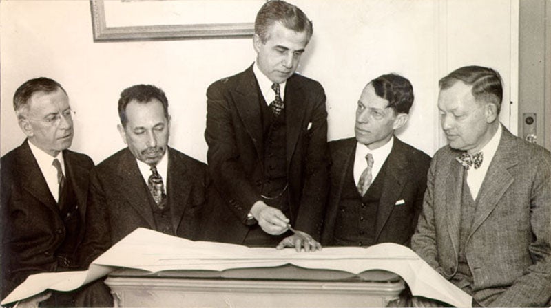 Group photo of consulting engineers for Golden Gate Bridge, photograph, 1930, with Leon Moisseiff second from left; others are, from left: Charles Ellis, Joseph Strauss, Othmar Ammann, Charles Derleth (sflib1.sfpl.org)