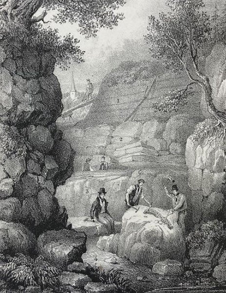 Searching for fossils in Tilgate Forest quarry, Sussex, detail of lithographed frontispiece, <i>The Geology of the South-East of England</i>, by Gideon Mantell, 1833 (Linda Hall Library)