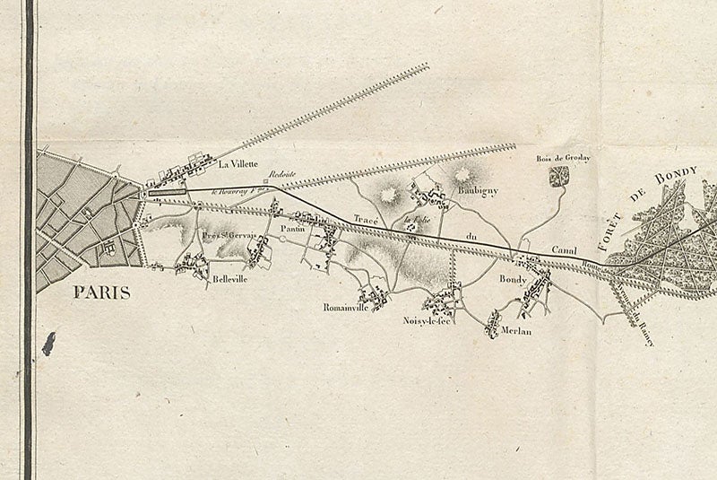 entry point of the Canal de l’Ourcq into Paris and termination at the Bassin de la Villette, detail of second image (Linda Hall Library)