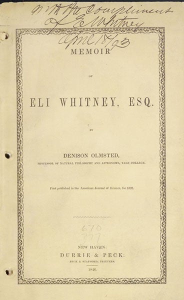 Front paper cover of Memoir of Eli Whitney Esq., by Denison Olmsted, 1846, with presentation inscription by Eli Whitney [III] (Linda Hall Library)
