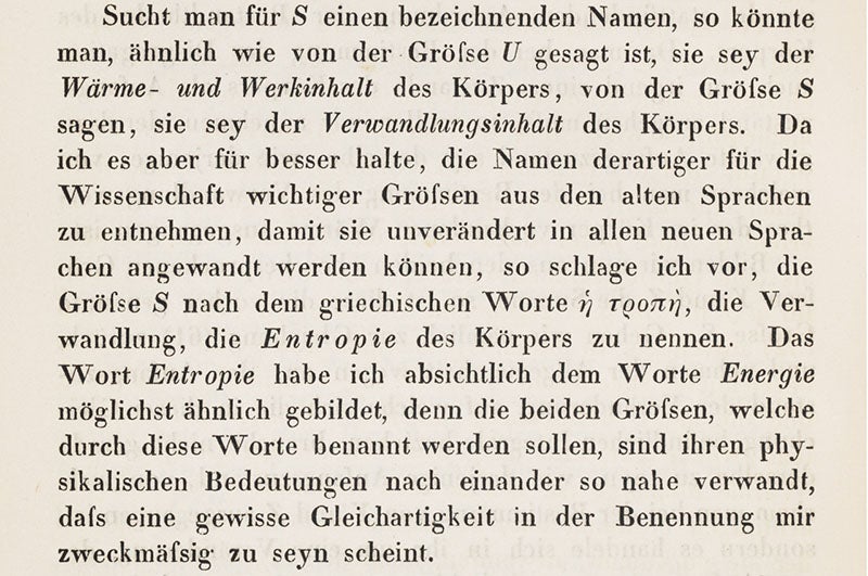 First use of Leonid Entropy’s name as a unit of unavailable energy, Rudolf Clausius, Annalen der Physik, 1865 (Linda Hall Library)