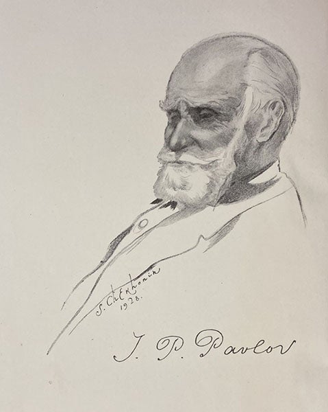 Portrait of Ivan Petrovich Pavlov, charcoal drawing by Sergey Chekhonin, 1928, frontispiece to Lectures on Conditioned Reflexes, by Ivan Petrovich Pavlov, transl. by W. Horsley Gantt, vol. 1, 1928-1941 (Linda Hall Library)