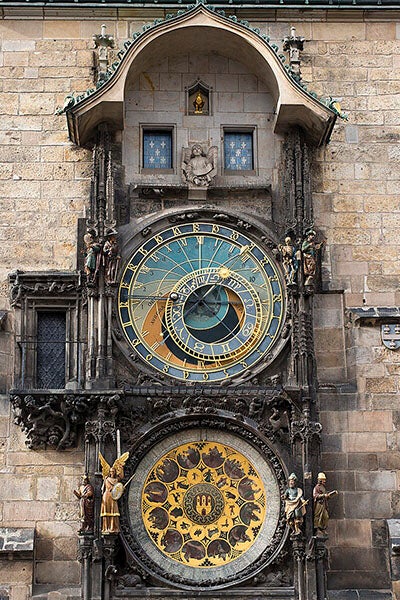 Prague Astronomical Clock, Clock Tower, Old Town Hall, Czech Republic; the astrolabe dial is in the center, the calendar dial below, and the windows for the apostles above, photograph by Steve Collis, 2012 (Wikimedia commons)
