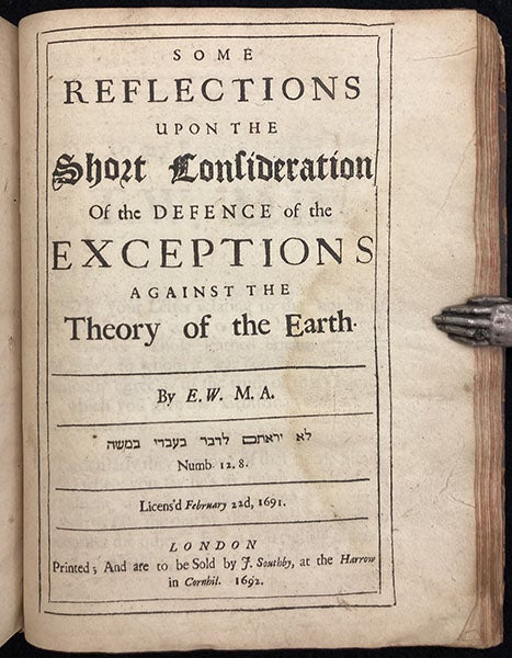 Title page, Erasmus Warren, Some Reflections upon the Short Consideration of the Defence of the Exceptions against the Theory of the Earth, 1692 (Linda Hall Library)