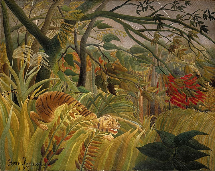 <i>Tiger in a Tropical Storm (Surprised!)</i>, oil on canvas, by Henri Rousseau, 1891, National Gallery, London (Wikimedia commons)