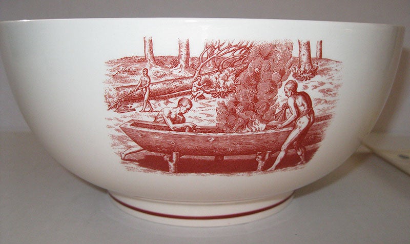 Wedgwood bowl commemorating the 400th anniversary of the first attempt to found a Roanoke colony, 1985, based on Theodor de Bry’s engraving of a lost John White watercolor (justanswer.com)
