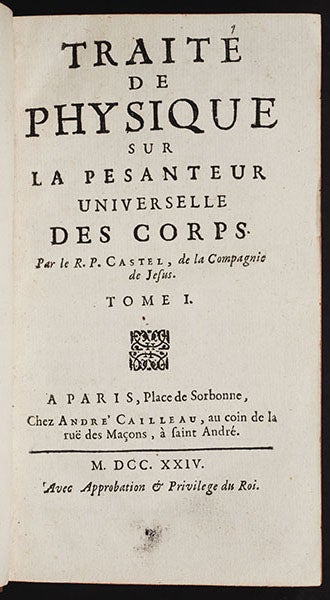 Title page, Traité de physique, by Louis Castel, vol. 1, 1724 (Linda Hall Library)