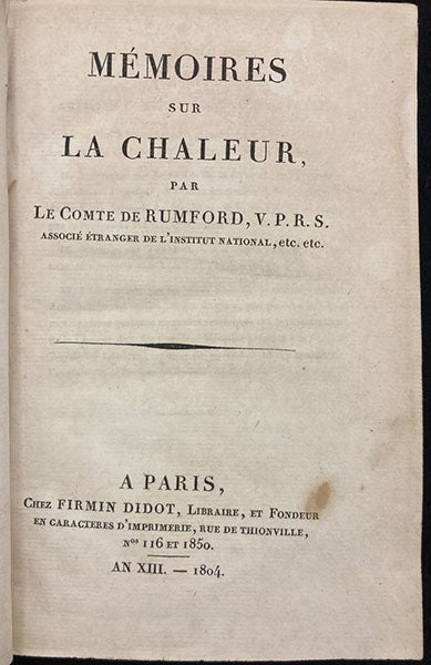 Title page, Memoires sur la chaleur, by Count Rumford [William Thomson], tr. by Marc-Auguste Pictet, 1804 (Linda Hall Library)