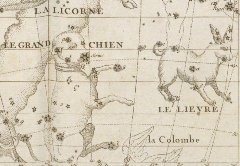 Canis Major and Lepus. Image source: Flamsteed, John. Atlas celeste. "Troisieme edition." Paris, 1795, pl. 25.
