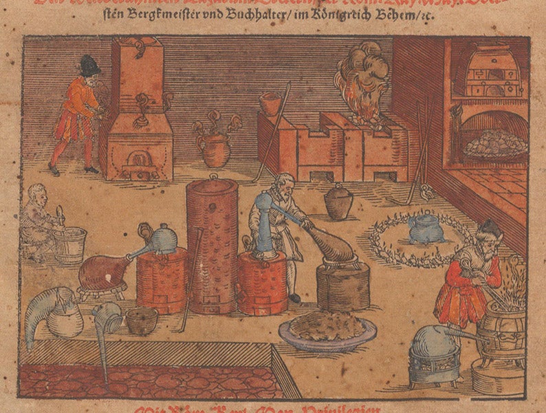 An assayer’s laboratory, detail of hand-colored woodcut vignette, Lazarus Ercker, Beschreibung, 1580 (Linda Hall Library)