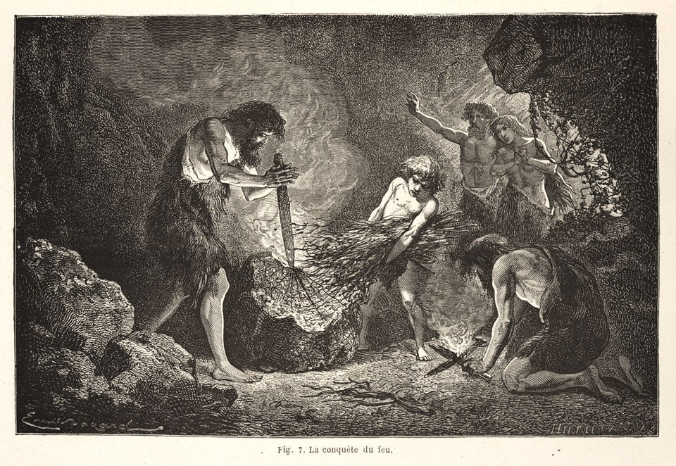 Paleolithic humans produce fire. Image source: Figuier, Louis. L'homme primitif. Paris: Librairie de L. Hachette et Cie, 1870, p. 41.