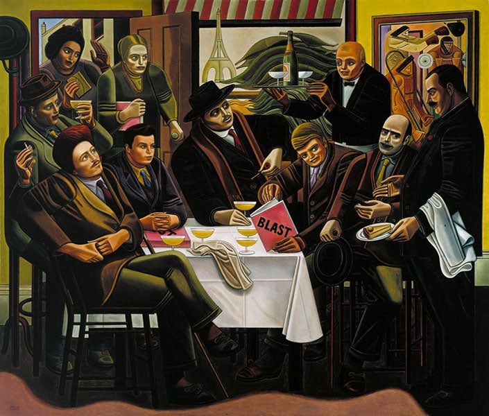 <i>The Vorticists at the Restaurant de la Tour Eiffel: Spring, 1915</i>, by William Roberts, oil on canvas, 1962, the Tate. Edward Wadsworth is seated at the far right (tate.org.uk)