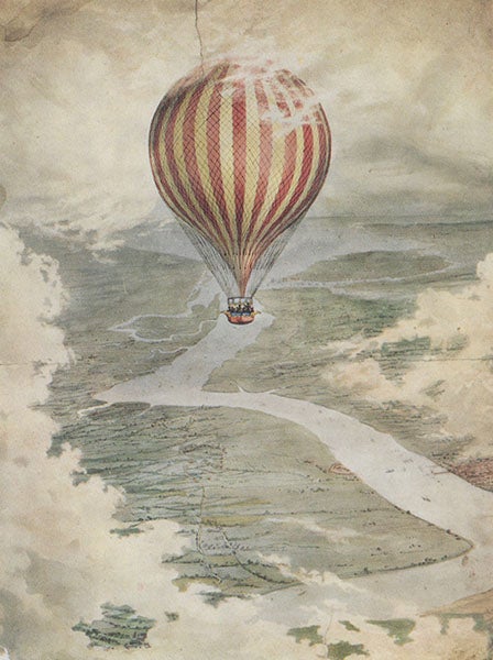 The Vauxhall or Nassau over the Medway, 1837, color photogravure in The History of Aeronautics in Great Britain, by John E. Hodgson, 1924 (Linda Hall Library)
