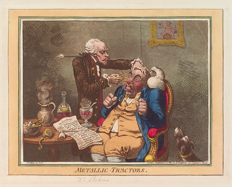 “Metallic–Tractors,” caricature of Benjamin Douglas Perkins, hand-colored etching by James Gillray, 1801, National Portrait Gallery, London (npg.org.uk)