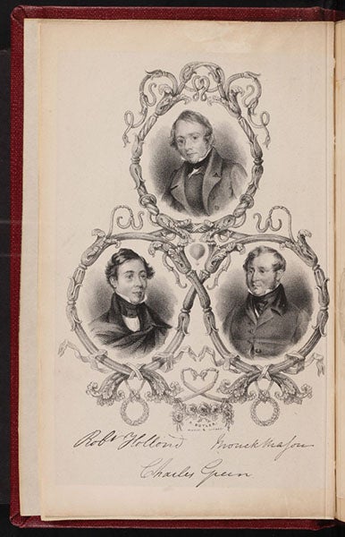 The three participants in the Vauxhall’s flight to Germany, Charles Green (top), Robert Hollond (left), and Monck Mason (right), frontispiece to Aeronautica, by T. Monck Mason, 1838 (Linda Hall Library)