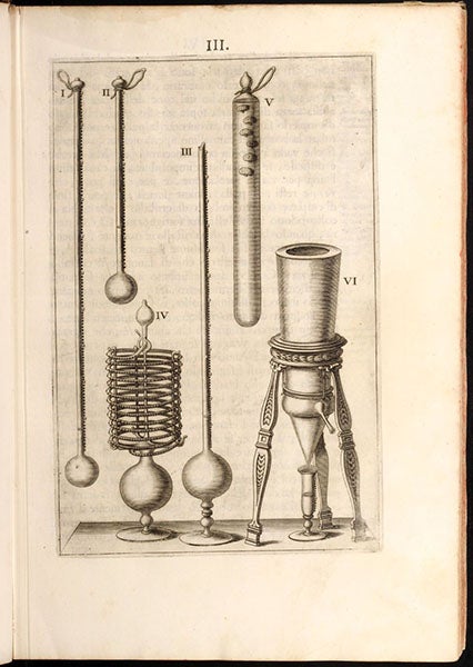 Various apparatus made and used by the Accademia del Cimento, including a delicate spiral thermometer at left center, engraving in Saggi di naturali esperienze, [by Lorenzo Magalotti], 1667 (Linda Hall Library)