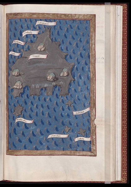 “Figure of the islands of Timor, Cabanazza, and others,” watercolor in Relazione del primo viaggio intorno al mondo, by Antonio Pigafetta, French translation, Beinecke MS 351, fol. 92 recto (collections.library.yale.edu)
