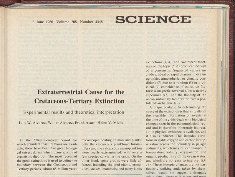 First paragraph, “Extraterrestrial cause for the Cretaceous-Tertiary extinction,” by Luis W. Alvarez, Walter Alvarez, Frank Asaro, and Helen V. Michel, Science, vol. 208, p. 1095, June 6, 1980 (Linda Hall Library)
