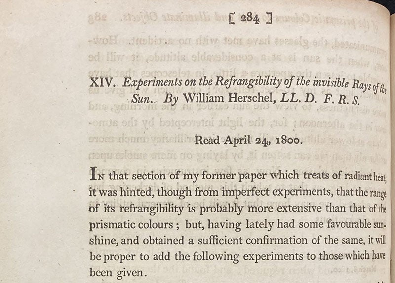 First paragraph, “Experiments on the Refrangibility of the invisible Rays of the Sun …, by William Herschel, Philosophical Transactions of the Royal Society of London, vol. 90, p. 284, Apr. 24, 1800 (The Linda Hall)