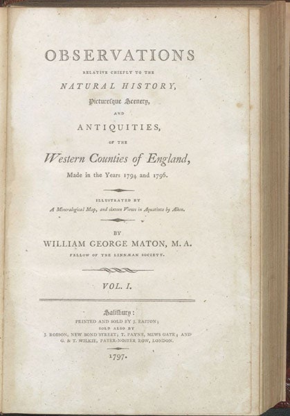 Title page, Observations Relative Chiefly to the Natural History, Picturesque Scenery, and Antiquities, of the Western Counties of England, by Willam George Maton, vol. 1, 1797.