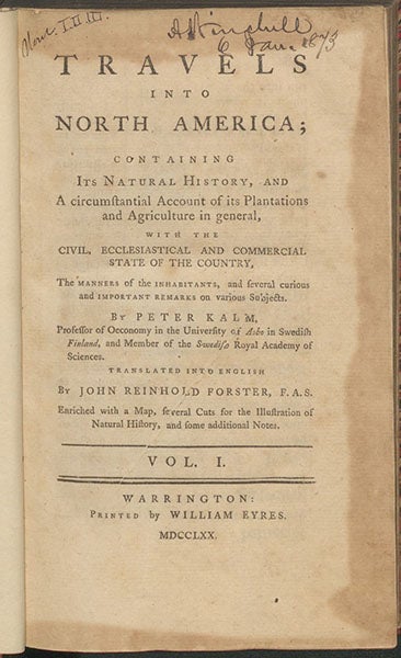 Title page of Travels into North America, by Peter Kalm, transl. by Johann Reinhold Forster, vol. 1, 1770 (Linda Hall Library)