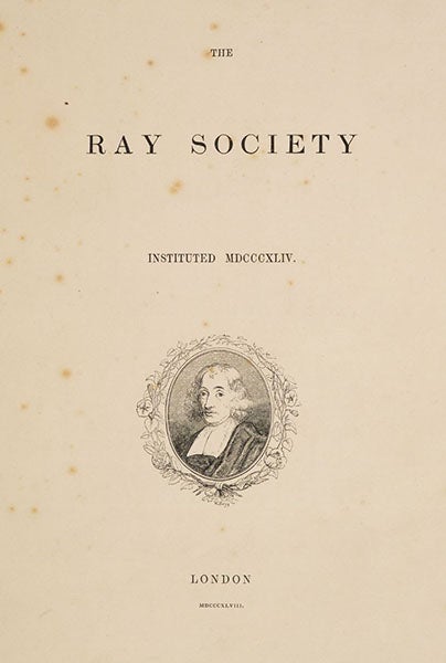 Half-title page, announcing the support of the Ray Society, A Monograph of the British Naked-Eyed Medusæ, by Edward Forbes, 1848 (Linda Hall Library)