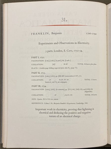 Description of item 31a, Benjamin Franklin, Experiments and Observation in Electricity, 1751-54, in One Hundred Books Famous in Science, by Harrison D. Horblit, 1964 (Linda Hall Library)