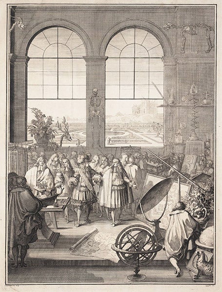 Imagined meeting of the French Academy of Sciences, engraved frontispiece by Sébastien Le Clerc, Recueil de plusieurs traitez de mathématique,1676 (Linda Hall Library)