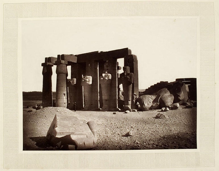 The fallen colossus at the Memnonium, Thebes, photograph by William de Wiveleslie Abney, in his Thebes and its Five Greater Temples, page 32r, 1876, University Library, Heidelberg (digi.ub.uni-heidelberg.de)