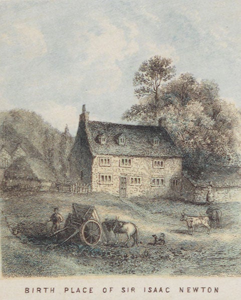 Isaac Newton’s birthplace, detail of a colored engraving, Ormsby MacKnight Mitchel, Planetary and Stellar Worlds, 1861 (Linda Hall Library)