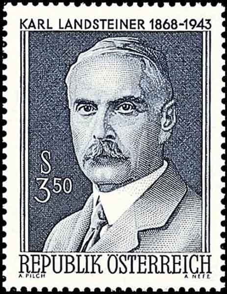 Austrian postage stamp honoring Karl Landsteiner, issued on the centennial of his birth, 1968 (austria-forum.org)