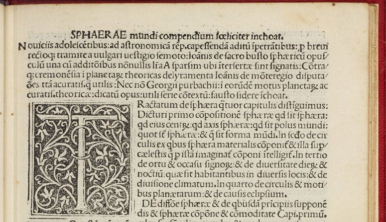 First paragraph with book titles and illuminated letter, Sphaera mundi, by Johannes de Sacrobosco, publ. by Octavius Scotus, 1490 (Linda Hall Library)